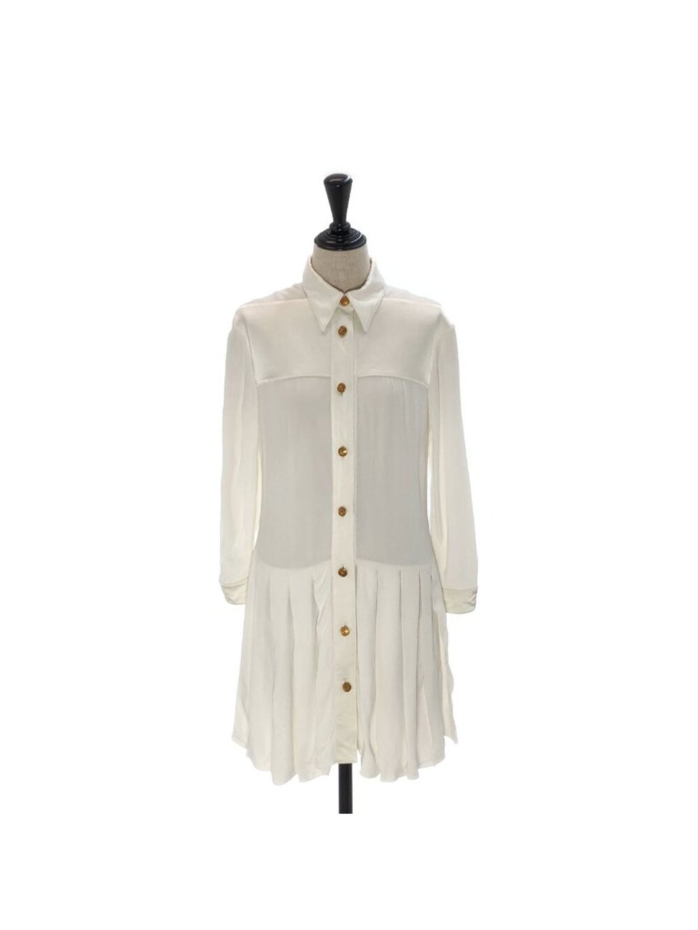 Louis Vuitton Gold Button Satin Pleated Shirt Dress White 36
